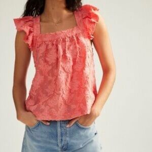 Anthropologie Meave Coral Lace Ruffle Sleeve Top